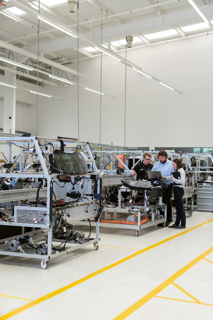 Team of engineers discussing projects in a high-tech factory setting.